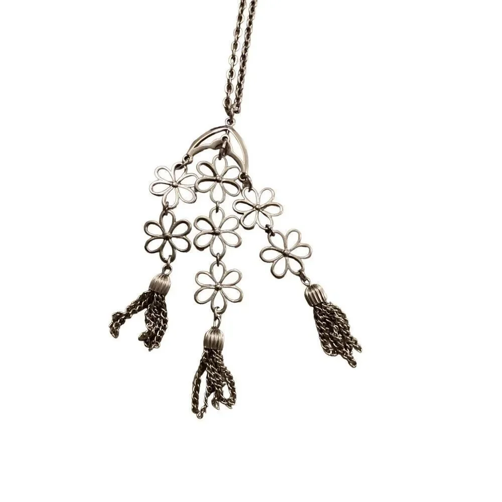 Vintage Silver Tone Flowers Tassels Necklace Jewelry Waterfall Pendant Boho